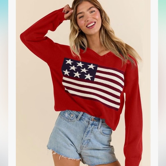 BONITEE Red American Flag Sweater V-Neck Long Sleeve Knit Pullover – Size XL - Picture 3 of 11